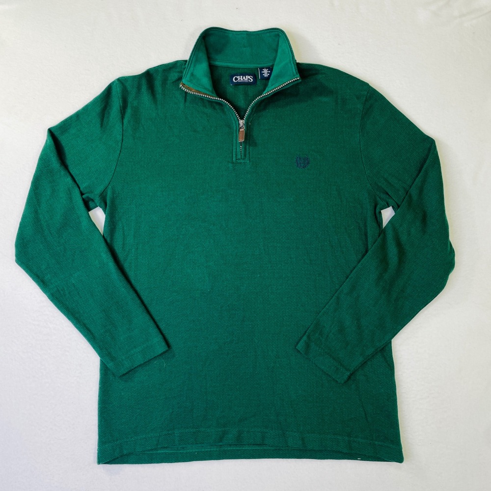 Chaps Mens Medium Green Quarter Zip Pullover Textured Chevron Mock Neck Sweater